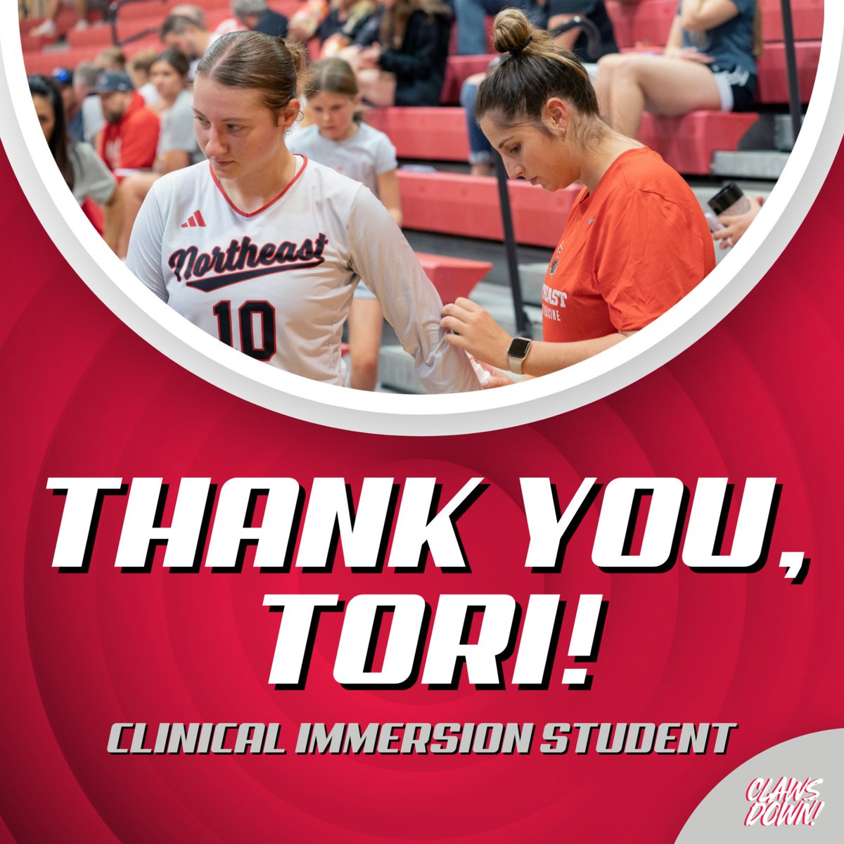On this her final day with us here at Northeast Athletics, we can’t thank Tori Dronet enough for all of her hard work this semester as a Clinical Immersion Student under Head Athletic Trainer Cale Strong!

Best of luck on finishing your education, Tori! 👏

#ClawsDown | 🔴⚫️⚪️