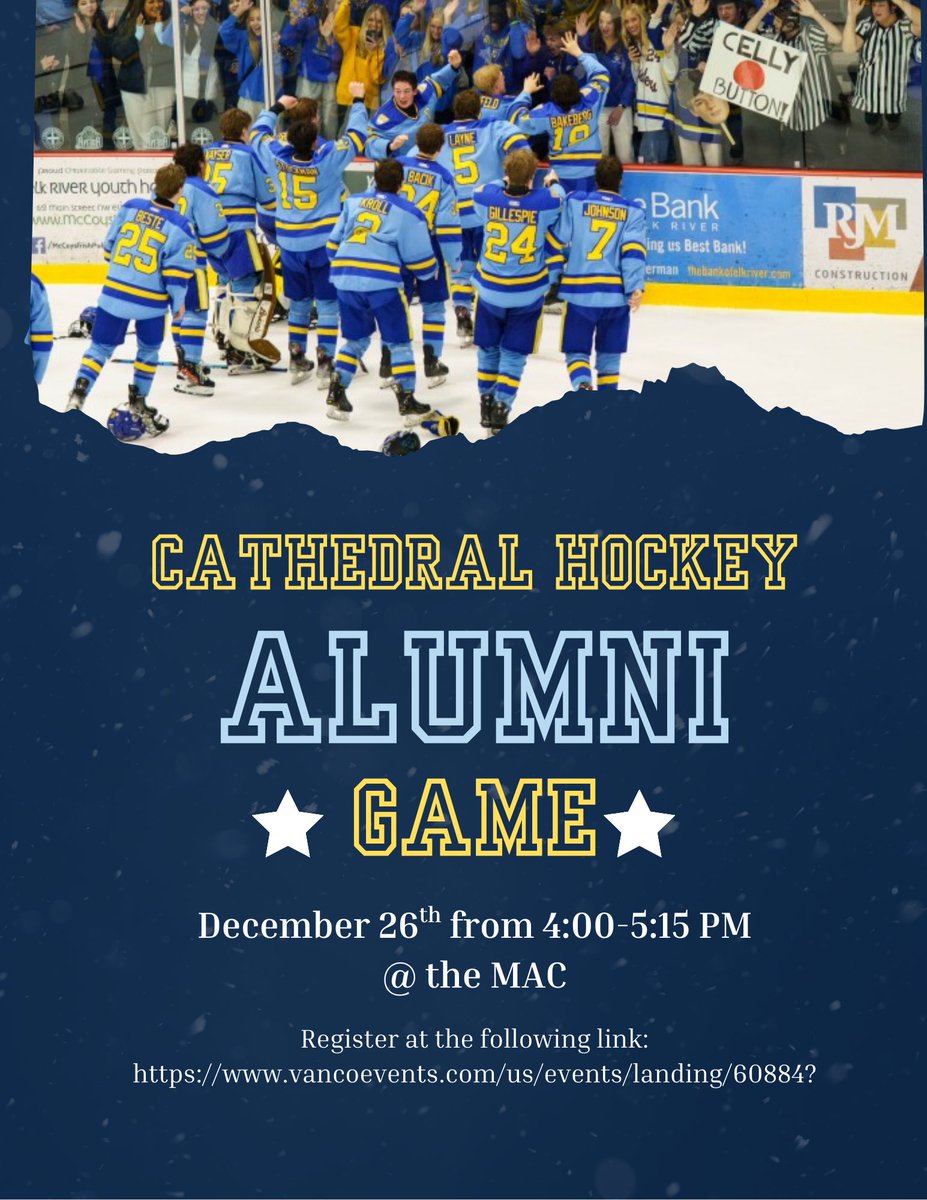Cathedral Hockey Alumni, join us for our annual alumni hockey game on December 26th from 4:00-5:15 PM at the MAC! Please RSVP at the following link: vancoevents.com/us/DMBS