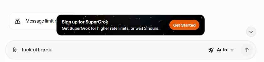 I subscribed to Grok Premium with the promise of priority access and fewer limits.

Now, after plan changes in 2025, I’m hitting restrictions that weren’t part of the deal. Seems random and not tied to any particular spikes in usage. I can go to another window and the message