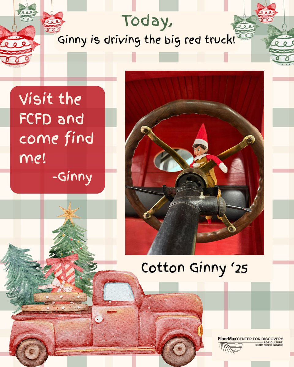 FiberMaxCenter's tweet image. Today, Ginny is riding in style! 

Visit the FCFD today until 5 pm. Ginny is waiting for you to find her!

#cottonginny #fcfd #agriculturehistory #elfontheshelf