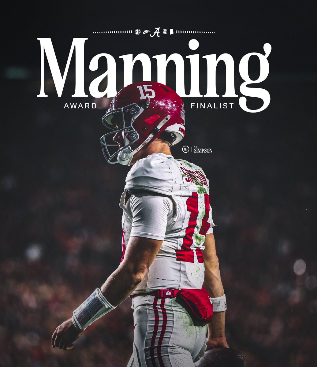 AlabamaFTBL's tweet image. QB1️⃣

@ty_simpson06 has been named a finalist for Manning Award.