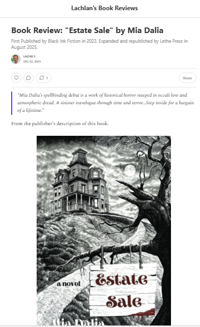 Dalia_Verse's tweet photo. A lovely new review for Estate Sale.
Many thanks to @lachiefinlayson!

Read the full thing @ https://t.co/Dj6xby1Tsu
 
Estate Sale is available from @lethepress wherever books are sold!

#miadalia #daliaverse #estatesale #horror #hauntedobjects #nightmares https://t.co/Wv89bDWcJf