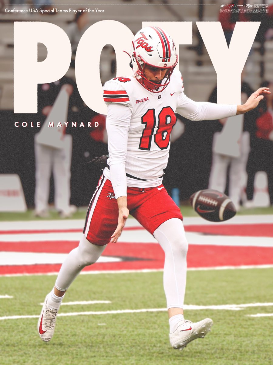 WKUFootball's tweet image. CUSA Special Teams Player of the Year 🏆

@maynardcole92 has been named the Conference USA Special Teams Player of the Year  

📲: bit.ly/44DZSxg

#GoTops | @ConferenceUSA