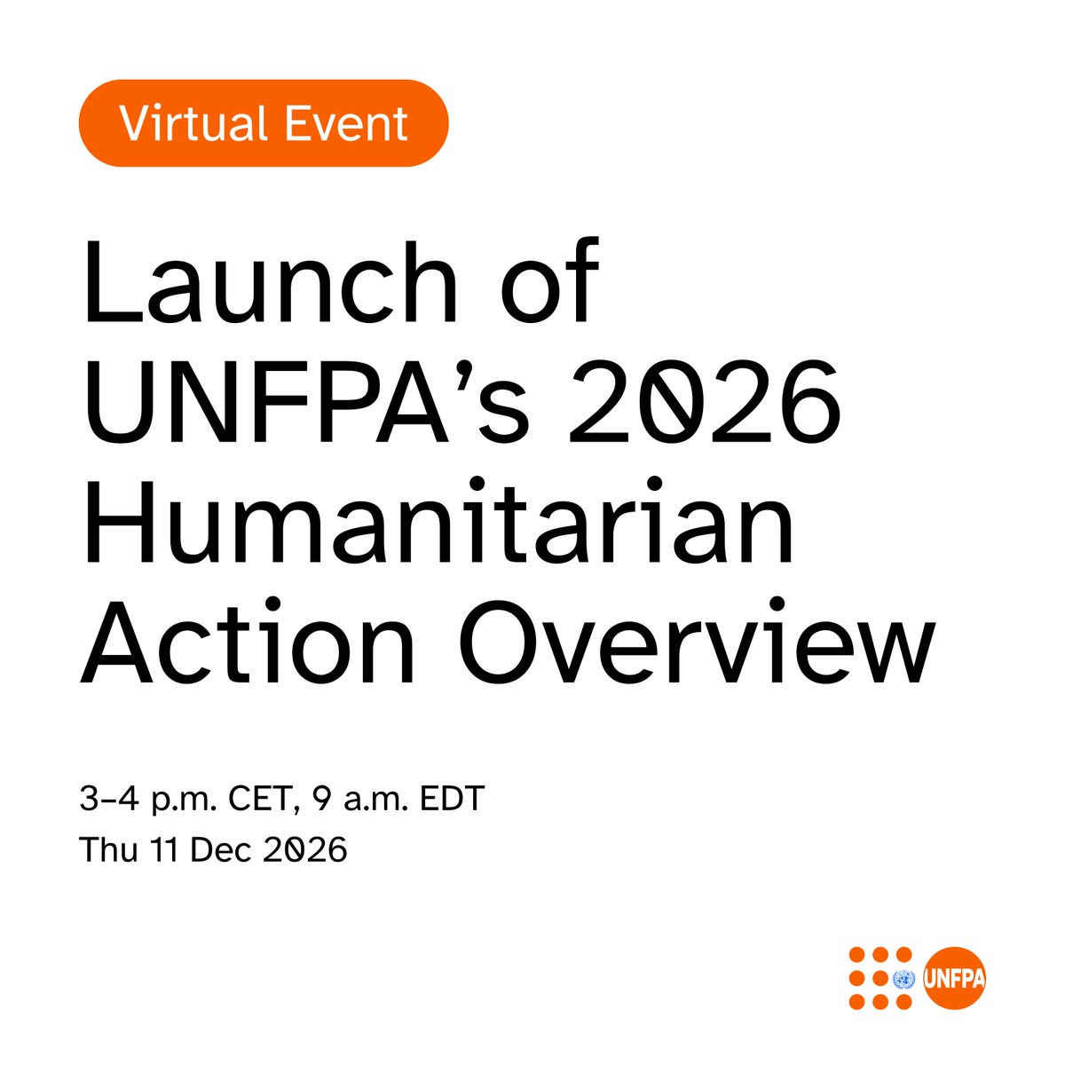 🔔 Mark your calendars!

Join <a href="/unfpachief/">UNFPA Executive Director</a> and <a href="/LizFordGuardian/">Liz Ford</a> for the launch of <a href="/UNFPA/">UNFPA</a>’s 2026 humanitarian appeal aiming to help +34 million women, girls and young people in crisis-affected countries.

🗓 11 Dec
⏱️ 3 pm CET
⏩ unf.pa/vlh

#InvestInHumanity #HAO2026