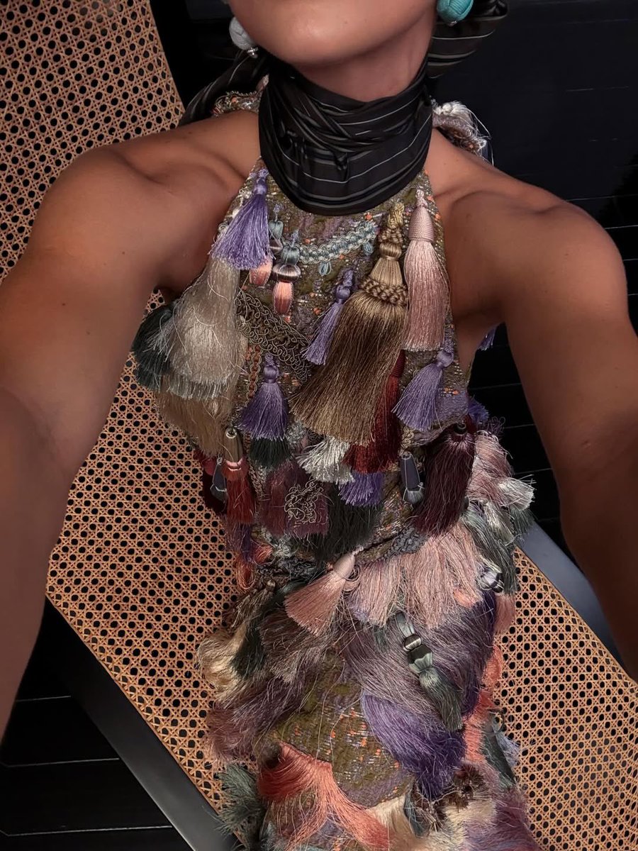 saintdemie's tweet image. livia in the dries van noten fw25 tassel dress 📿