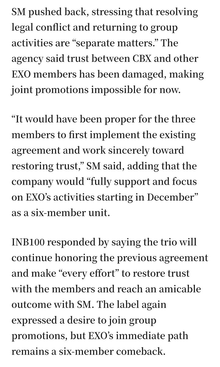 SM: "the trust between CBX and other EXO members has been damaged"
INB: "the trio will make every effort to restore trust with the members"

But OT9ers still believe their "family" is still intact. The 3 have betrayed the members. BKK are not the victims you paint them to be.