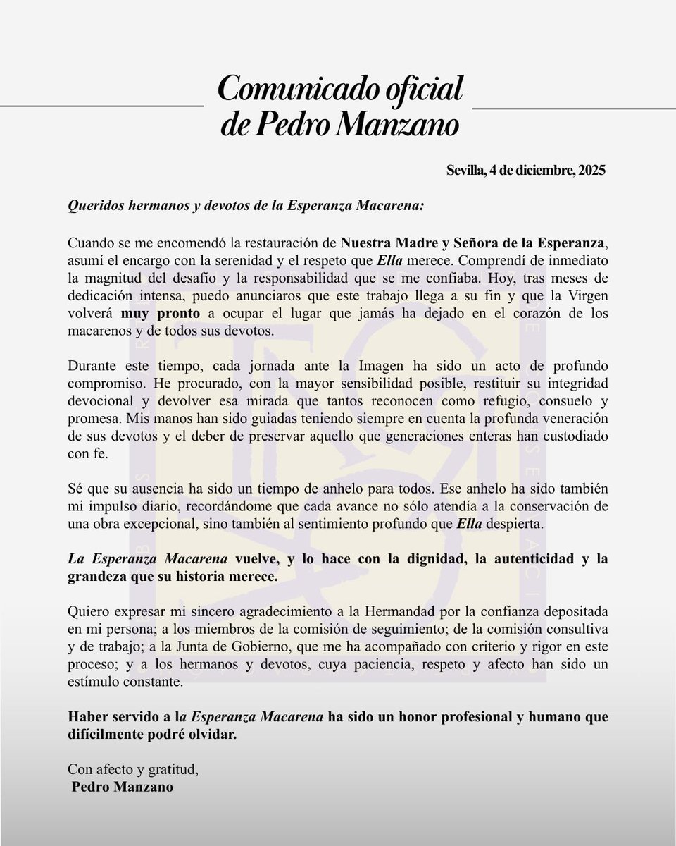 elllamadorcsr's tweet image. URGENTE. @pedro_manzano_ anuncia que la restauración de la Esperanza Macarena toca a su fin. Mañana se reúne la comisión de seguimiento para conocer el estado final. Posteriormente la junta, una vez informada la @archisevilla decidirá la vuelta al culto: el día 8 de diciembre con…