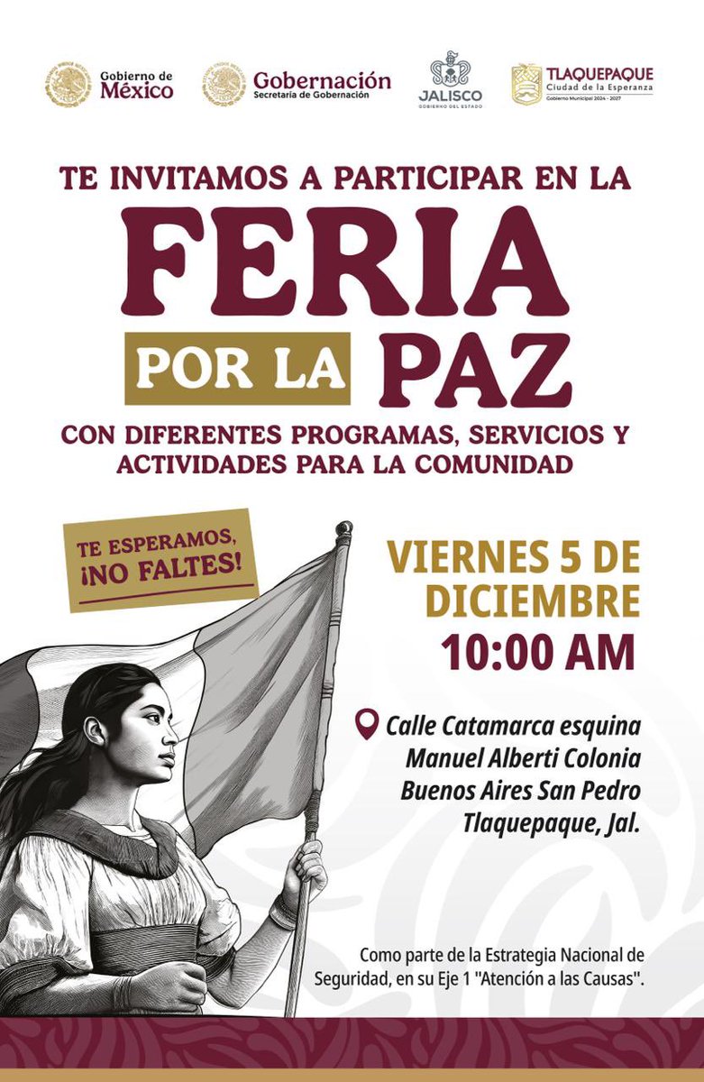 La Feria por la Paz llegará a la Colonia Buenos Aires para acercar programas, servicios y actividades que fortalecen nuestra comunidad. ✨

Este viernes a las 10:00 AM, en Calle Catamarca y Manuel Alberti, podrás encontrar espacios pensados para el bienestar de quienes viven en