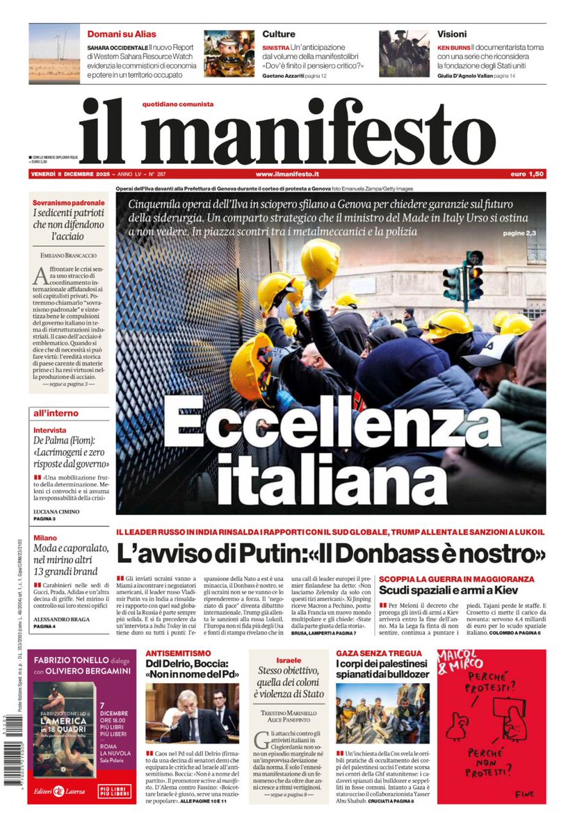 ilmanifesto's tweet photo. Cinquemila operai dell’Ilva in sciopero sfilano a Genova per chiedere garanzie sul futuro della siderurgia. Un comparto strategico che il ministro del Made in Italy Urso si ostina a non vedere. In piazza scontri tra i metalmeccanici e la polizia https://t.co/FXiHtnYNNl