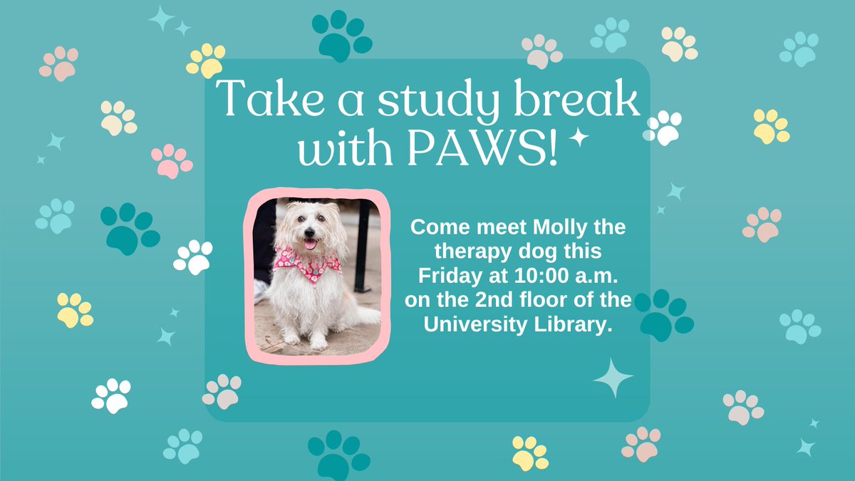 Finals may be tough, but you’re tougher. Dogs help, though... A lot. 🐶

Come meet Molly the therapy dog tomorrow (Friday, Dec. 5th) at 10:00am on the 2nd floor of the University Library!