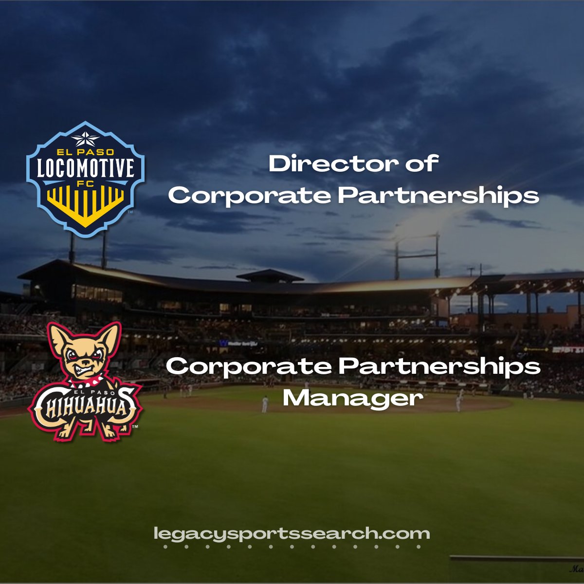 ChadCollins20's tweet photo. ICYMI: Hiring opportunities with the @eplocomotivefc  and the @epchihuahuas . Visit the Legacy Search job board at https://t.co/FUL75UIP4W or reach out to me at chad@legacysportssearch.com. 
@USL_HQ @USLChampionship  @MiLB  #sportsbiz https://t.co/ceYGNPgfYA