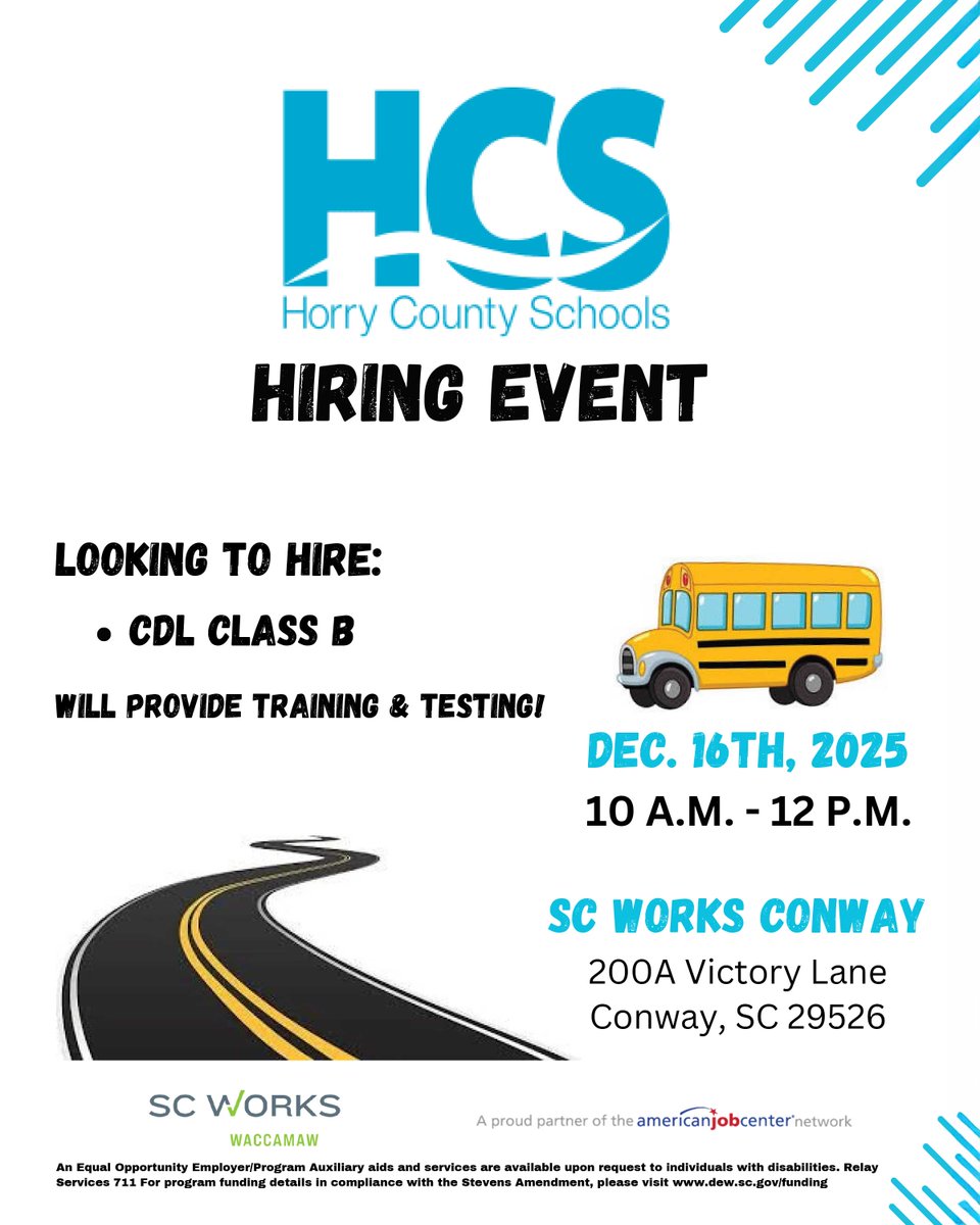 Looking for a career shift or a new opportunity? Horry County Schools is hiring CDL Class B drivers and offering training. Stop by SC Works Conway on December 16.
#scworkswaccamaw #scworkswrcog #scworkswioa #scworks