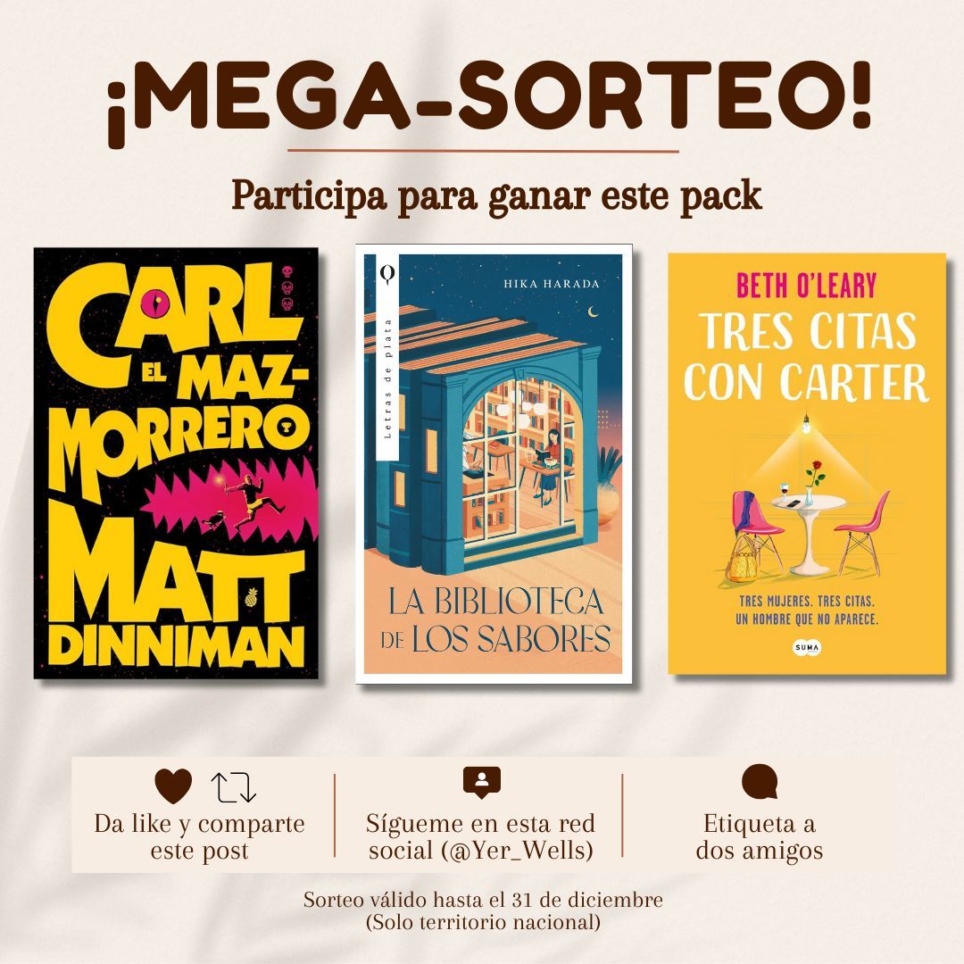 Yer_Wells's tweet image. ¡Atentos a este #Sorteo! ¡Consigue este pack de libros!

¿Cómo? 👇

1. Sigue esta cuenta (@Yer_Wells)
2. RT 🔃 y LIKE ❤️ a este post
3. Etiqueta a dos amigos

¡Los ganadores se conocerán el 1 de enero! ¡Suerte! 🤞