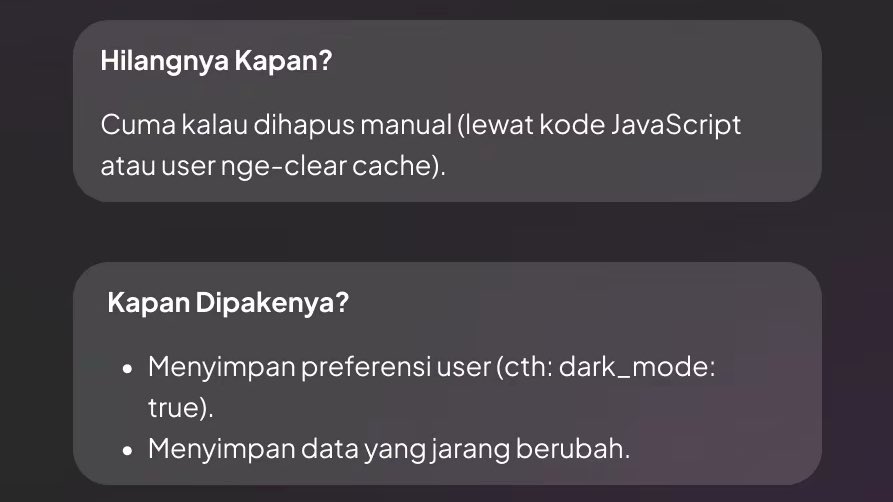 jokiproyek's tweet image. 2/6 | #DevTips 💡

Tempat #1 localStorage
Analogi: Brankas Permanen.

Hilangnya kapan?
Cuma kalau dihapus manual (kode / clear cache).

Dipakenya kapan?
• Simpan preferensi user (dark mode, dll.)
• Simpan data yang jarang berubah.

⚠️ Jangan simpan data sensitif!

#coding