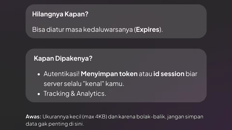 jokiproyek's tweet image. 4/6 | #DevTips 💡

Tempat #3 Cookies
Analogi: Kartu identitas bolak-balik.

🔹 Keunikan:
Cookies otomatis terkirim ke server di setiap request.

🔹 Dipakenya kapan?
• Autentikasi (token/session ID).
• Tracking &amp;amp; analytics.

⚠️ Ukuran kecil (max ~4KB).

#zonauang #CodingLife
