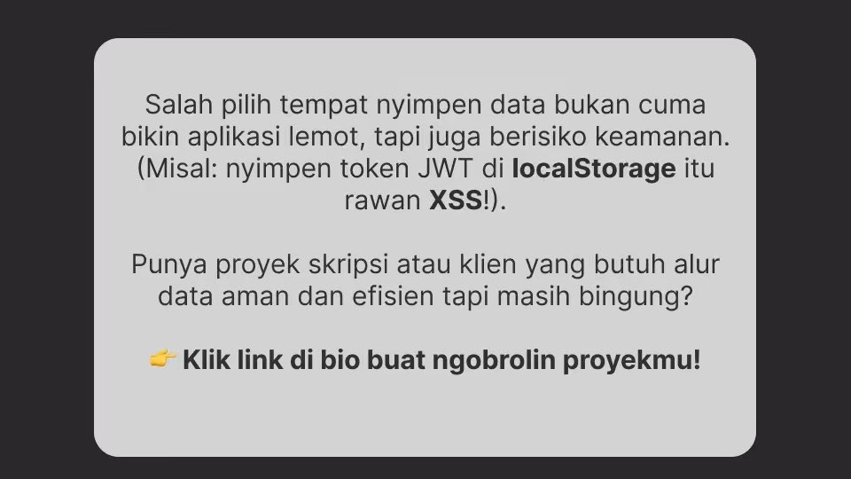 jokiproyek's tweet image. 6/6 | #DevTips 💡

🚀 Pilih penyimpanan yang tepat!
Salah taruh data = lemot + risiko keamanan (misal: JWT di localStorage → rawan XSS).

Butuh bantuan bikin alur data lebih aman &amp;amp; efisien?
👉 Kuyy joki coding sama kita ajah! 
Ke bio kita buat ngobrolin project-mu!

#zonauang