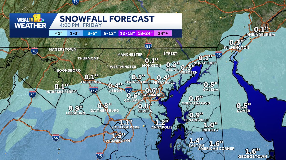 ttasselWBAL's tweet image. A fast-moving winter storm will pass south of Maryland from 4 AM to Noon on Friday. Little or no snow is expected near the PA line while a light coating is possible around Baltimore.  An inch or two may accumulate from DC &amp;amp; Annapolis south.