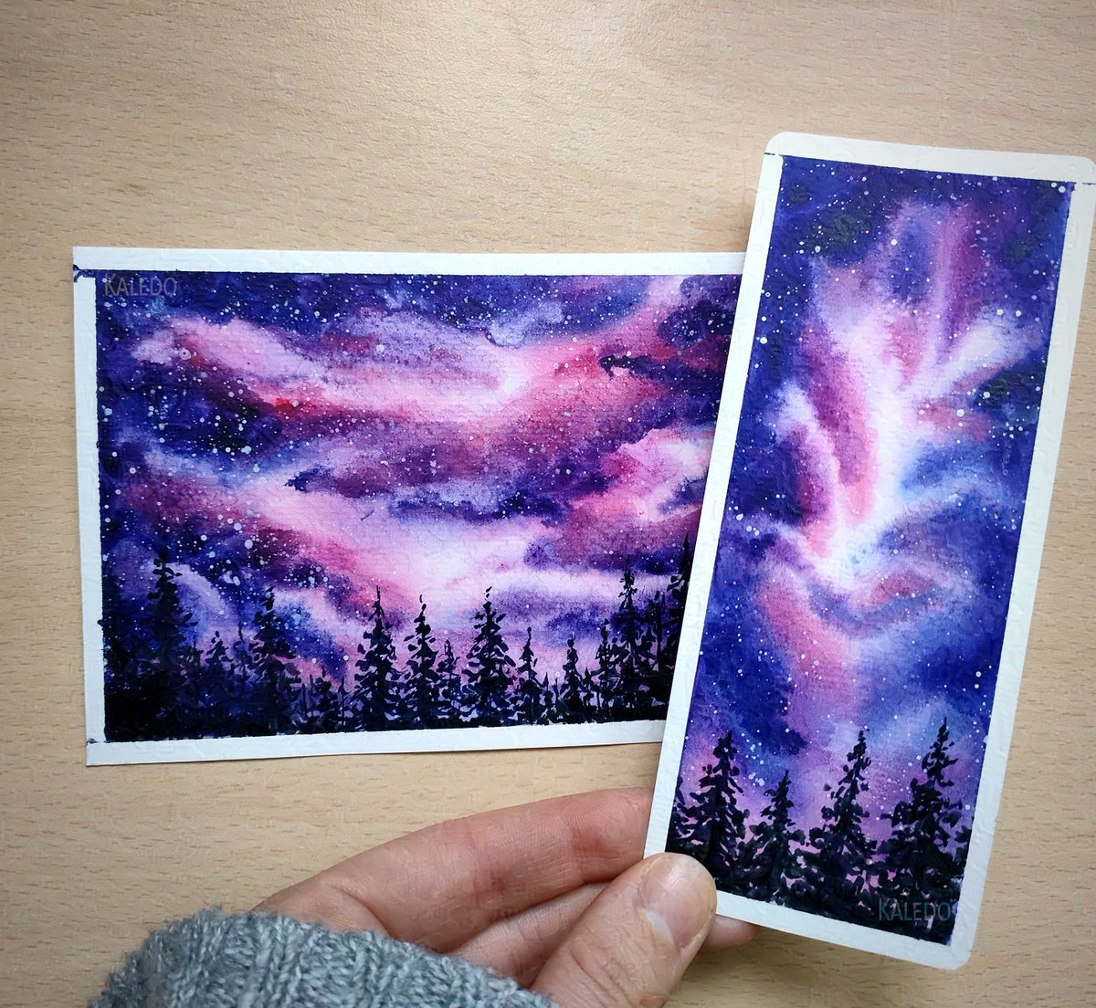 kaledo69's tweet image. A little bit of watercolor northern lights with winter vibe! Right now I'm a obsessed with green sky...

#watercolors #postcards