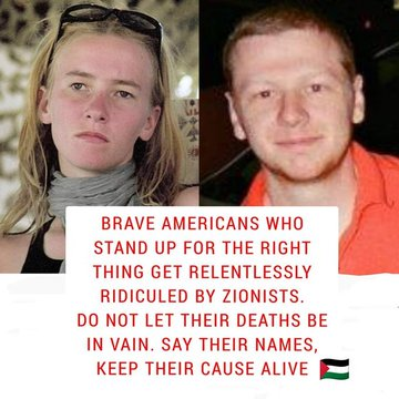 “Rachel Corrie , Aaron Bushnell remember our Martyrs  

Free Palestine 🇵🇸 “