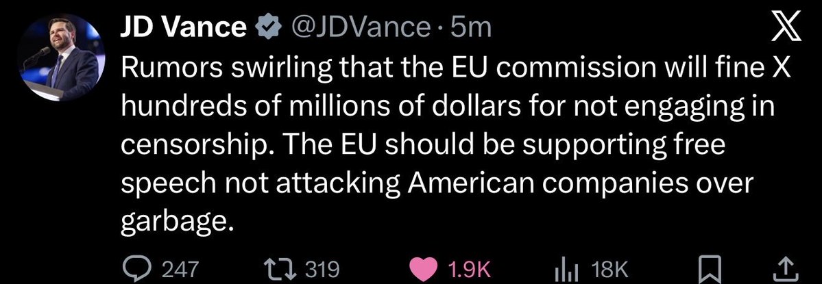 MAGAVoice's tweet image. BREAKING 🚨 JD Vance just sent a major Warning to the European Union for threatening to fine 𝕏 and Elon Musk for not censoring people

JD Vance is NOT happy at all

I STAND WITH ELON