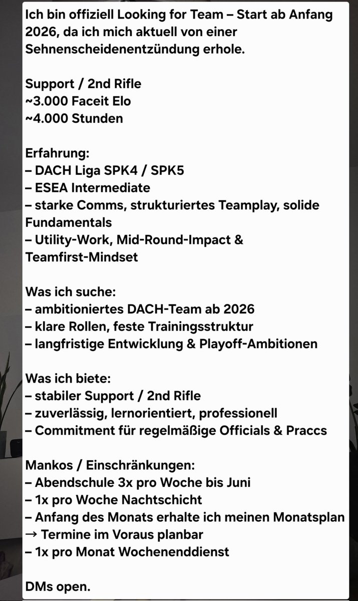 Jojo bin #LFT für 2026
Falls es Fragen oder Interesse gibt---->Dms 
faceit.com/en/players/Kol…
steamcommunity.com/profiles/76561…
<a href="/LFT_CS_DACH/">LFT/LFP/LFO/LFC 🇩🇪🇨🇭🇦🇹</a> 
Kuss wer Repostet 🫶