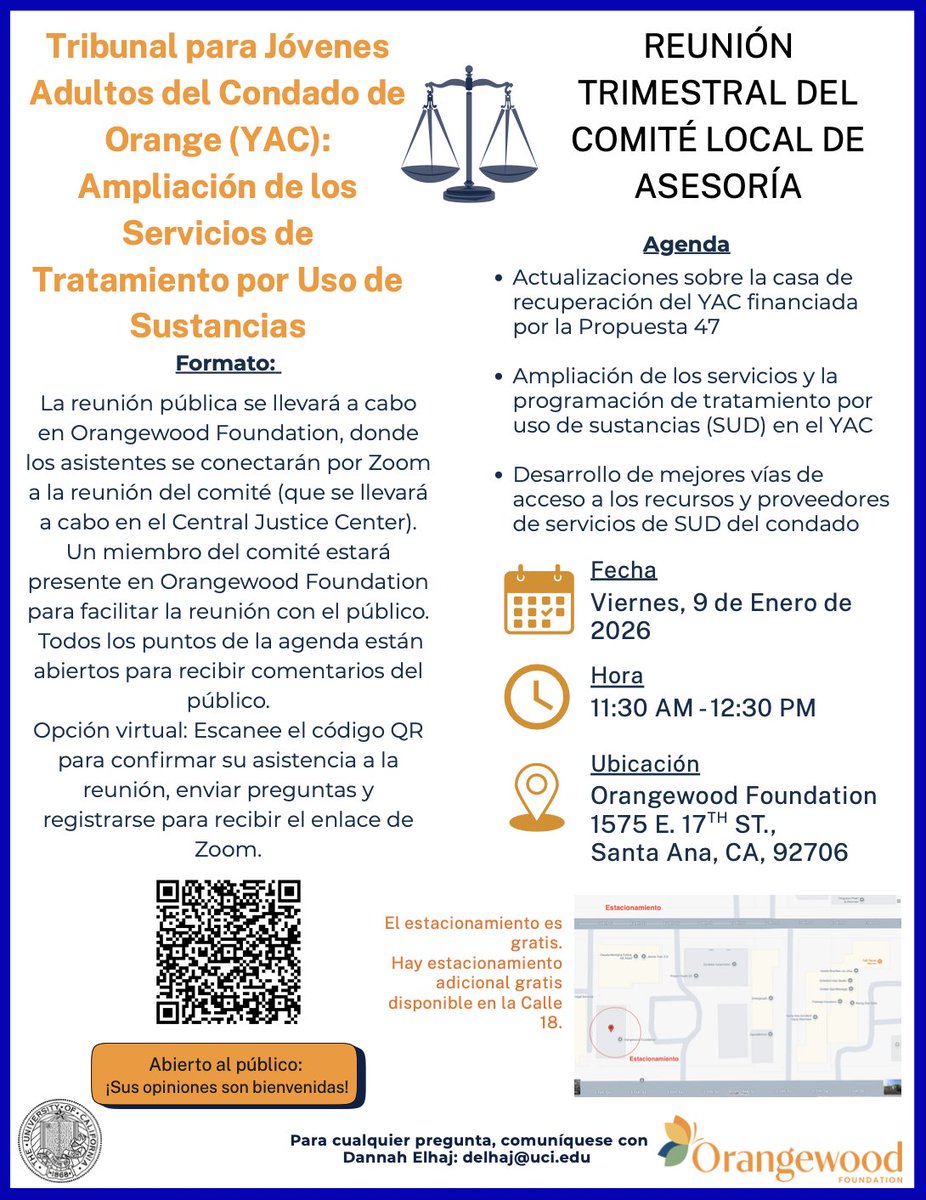 3DLabUCI's tweet photo. All members of the public are invited to our quarterly Local Advisory Committee Meeting, where we will be discussing the expansion of Young Adult Court services. Please join us on Friday, January 9, 2026 from 11:30am-12:30pm at Orangewood Foundation in Santa Ana. https://t.co/gFlTITfJZL