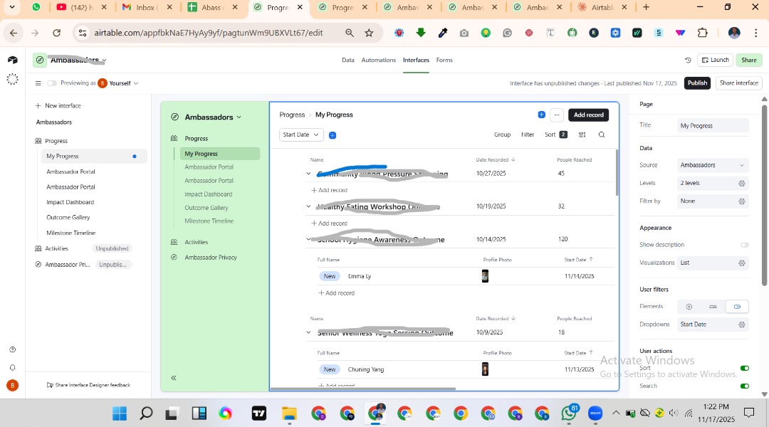 Just wrapped up a full Airtable system build complete with custom interfaces for ambassador tracking, activity reporting, and streamlined corporate outreach workflows.

This setup now enables:

 ✔️ Clear visibility into team progress

 ✔️ Organized and trackable outreach efforts