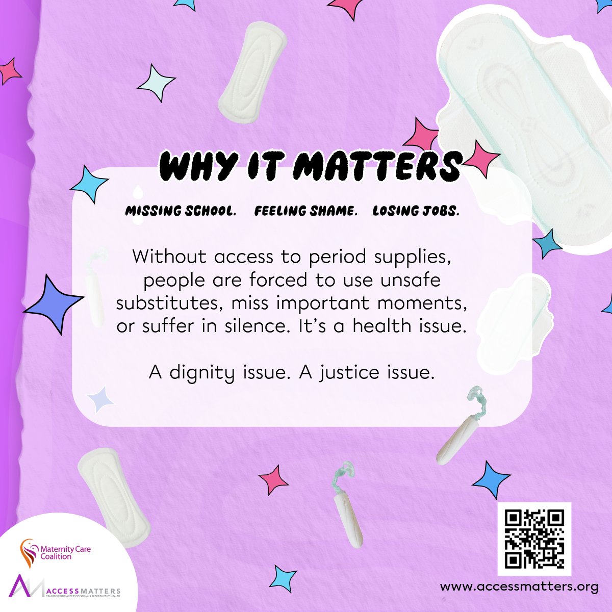 Period poverty isn’t just a lack of products. It’s a barrier to education, health, and dignity.  Many people who menstruate face these challenges every month. Learn how you can access free period resources at AccessMatters.org.  #EndPeriodPoverty #AccessMatters