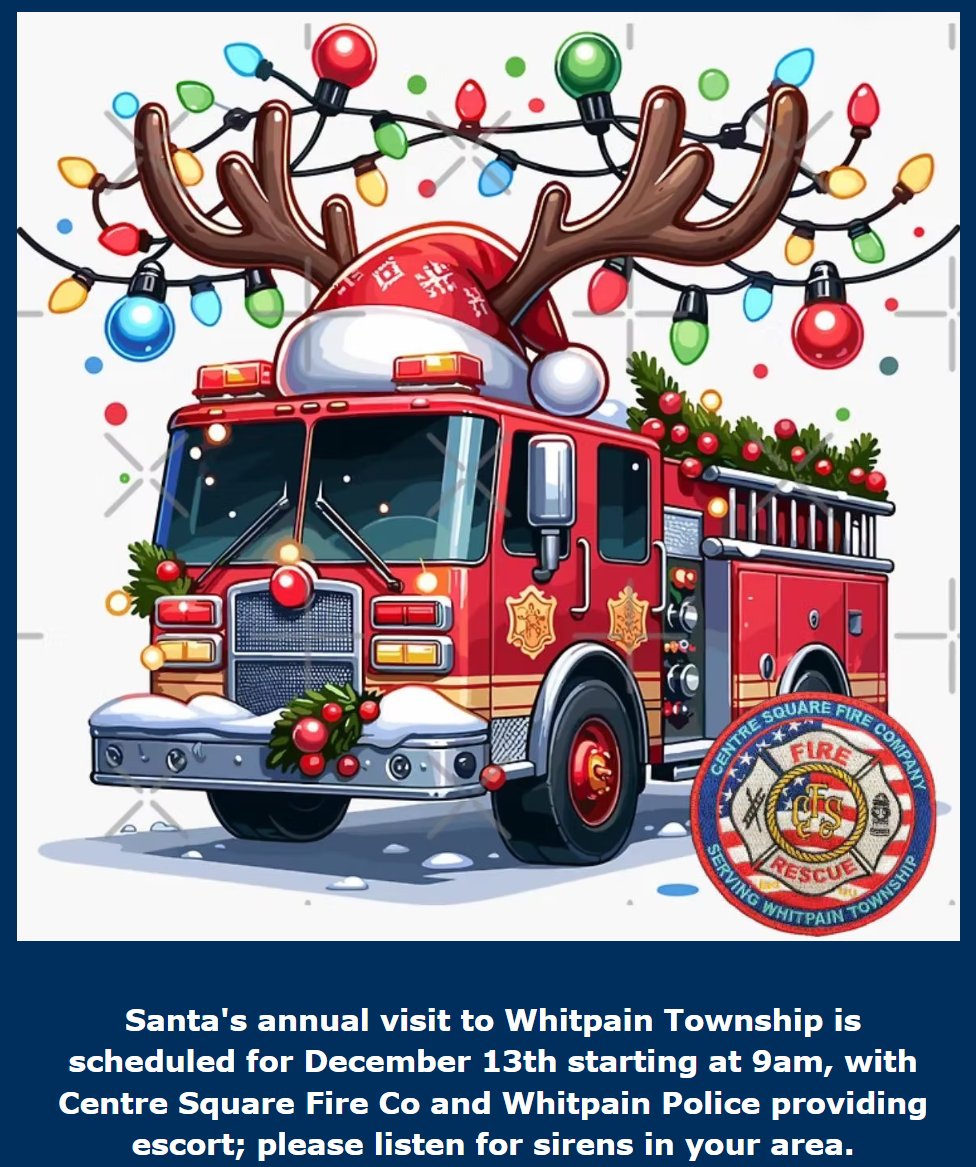 Catch up with the news of #Whitpain with today's Wire. 
- 2026 Budget
- Santa visit
- Toy and food drives
- Heating safety
-Eco-friendly holidays 

All here: conta.cc/4iDA7CX