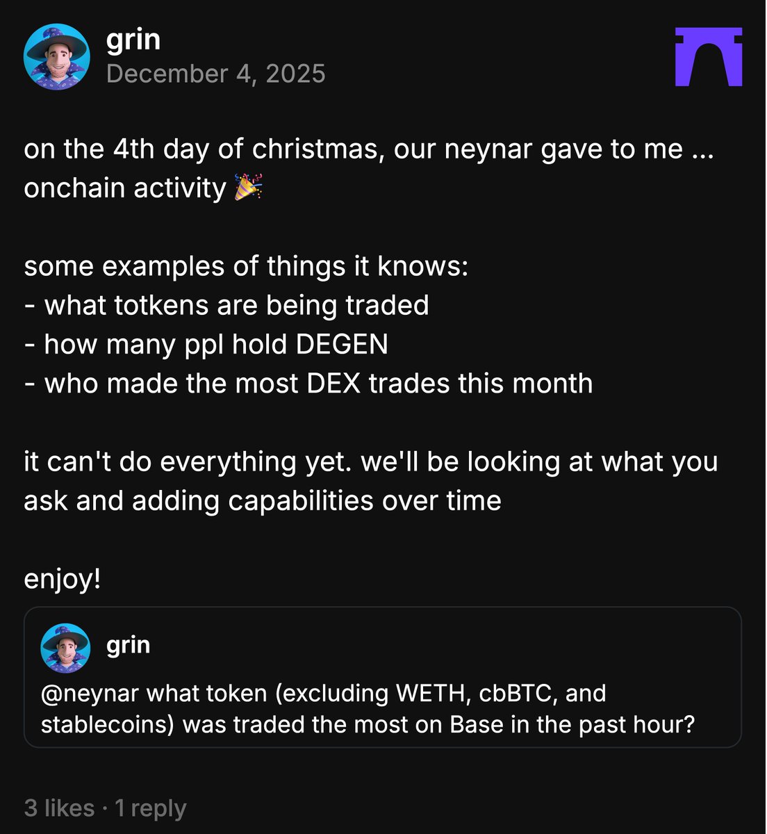 neynarxyz's tweet image. we&apos;ve been building out more and more improved capabilities for Neynar AI, and as of today it understands the latest trending onchain activity! 

it understands trending tokens, holder data, and generally who&apos;s trading what on Base. you can use it via our Neynar mini app on…