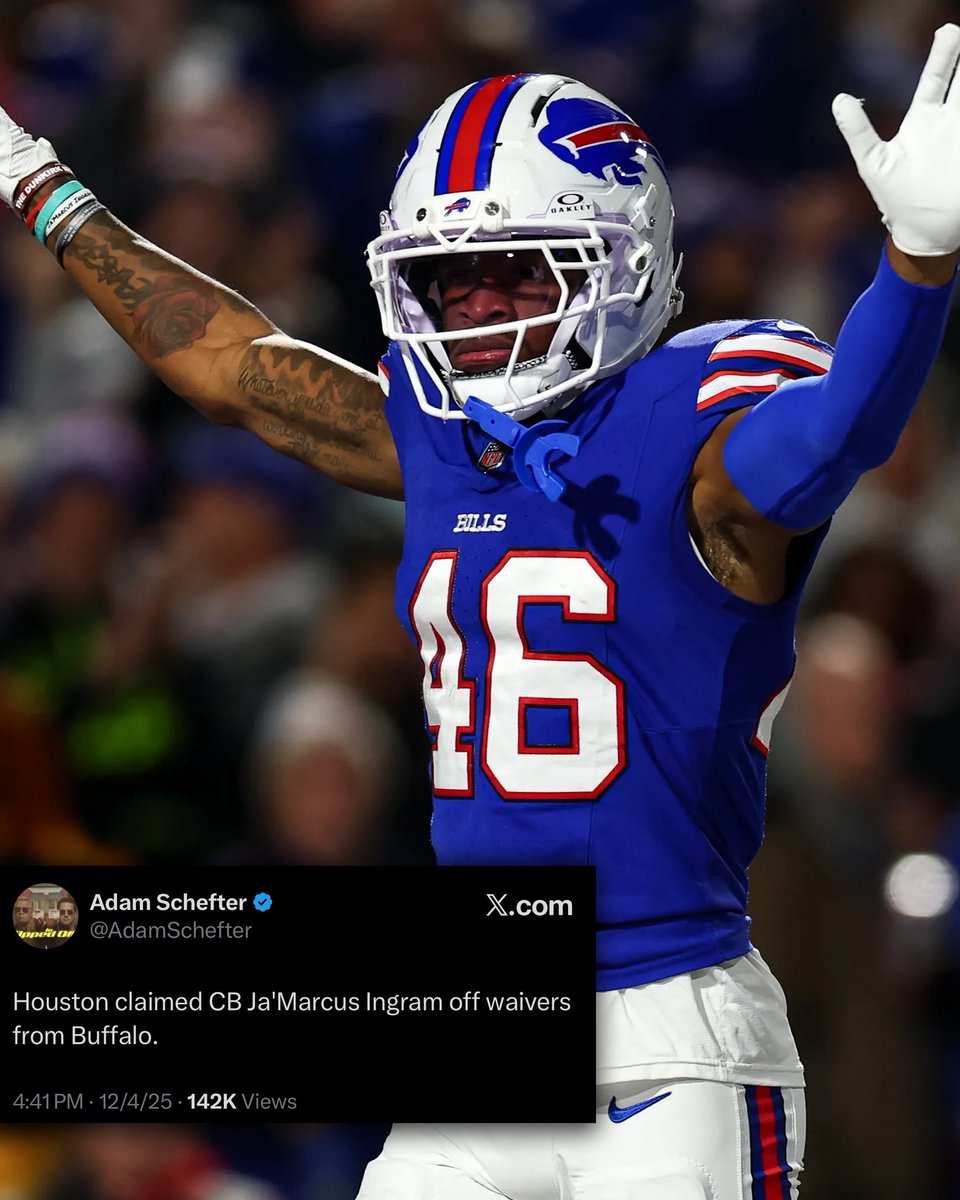 Annnnnd the Texans claimed CB Ja’Marcus Ingram off waivers. So Buffalo lost their cornerback depth for absolutely no reason..

#BillsMafia