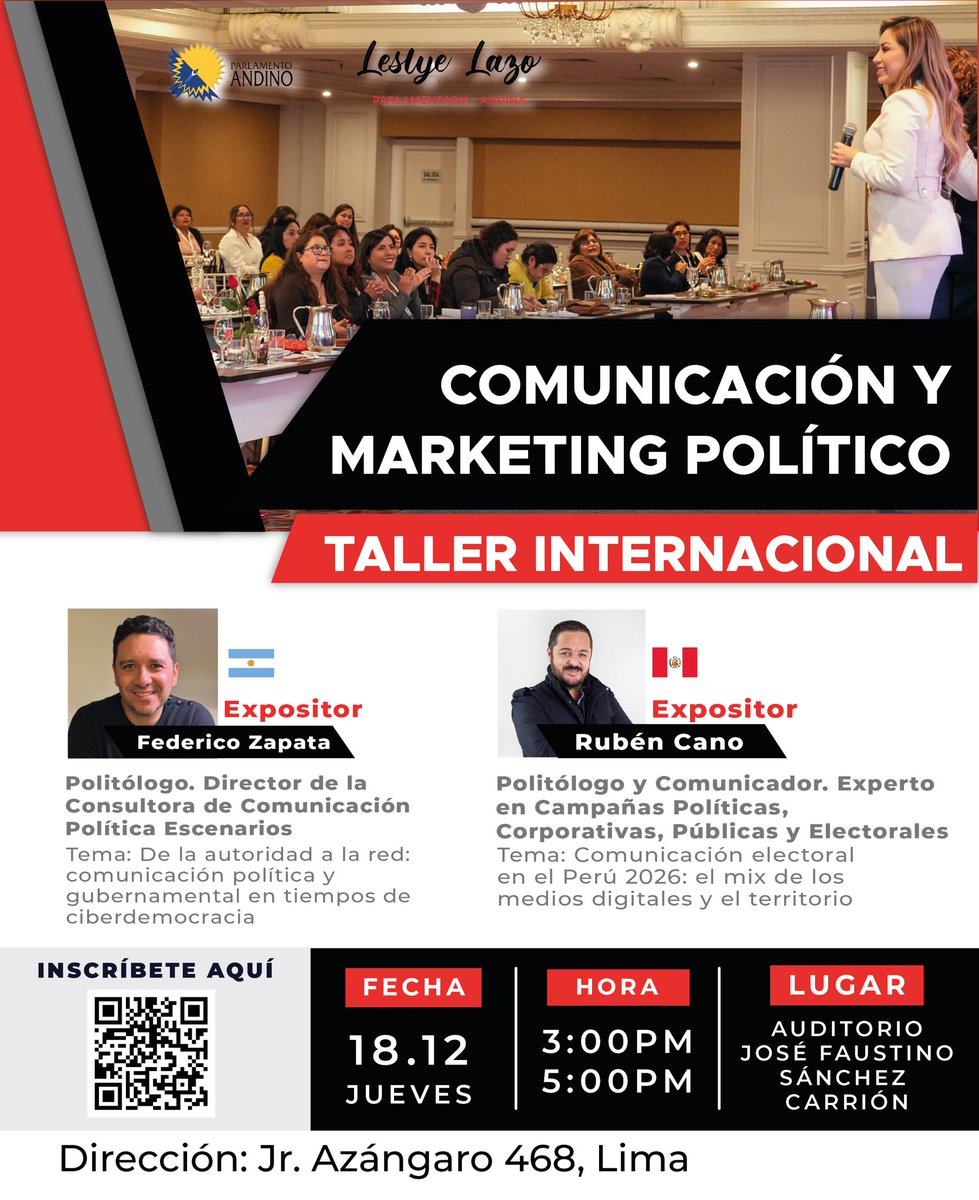 📣✨ ¡Prepárate para el gran Taller Internacional de Comunicación y Marketing Político!
Si te interesa entender cómo se diseñan estrategias, se construyen liderazgos y cómo se comunicarán las campañas hacia el 2026, este espacio es para ti 🗳️
📅 Jueves 18 de diciembre
🕒 3:00pm