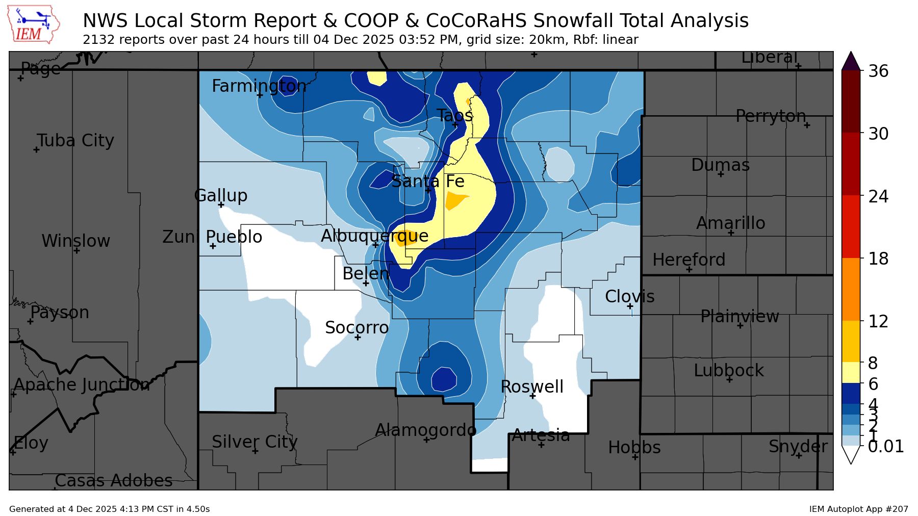 A graphic showing a map of snowfall reports with interpolated contours of amounts.