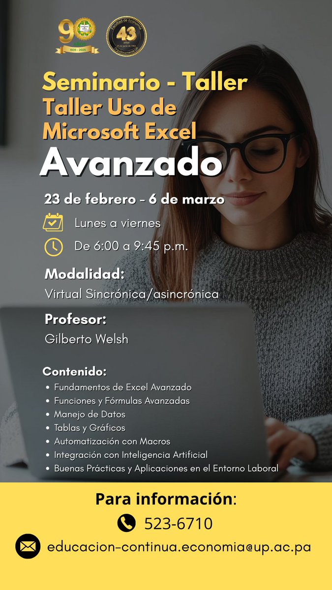 F_EconomiaUP's tweet photo. ⚙️ ¡Da el salto a EXCEL AVANZADO! 🤯
Aprende Macros, IA y Funciones Avanzadas en el Seminario-Taller de la Facultad de Economía UP.

¡Tu carrera lo pide! Inscríbete. 👇
https://t.co/jRoiyK45Wv https://t.co/cNPYggcJR3