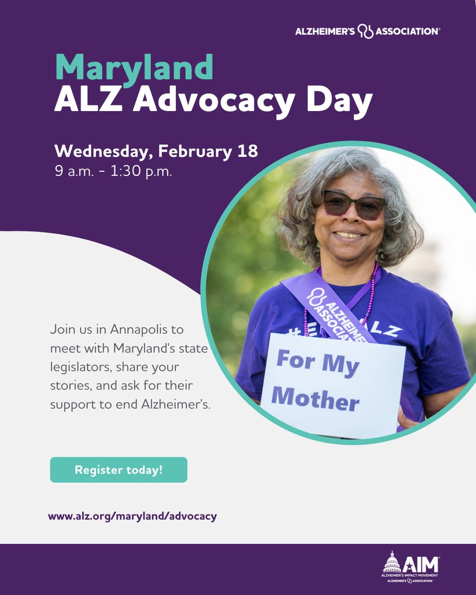 Want to make an impact? Use your voice to support our Maryland #AdvocacyDay priorities:
 ✅ Clinical Toolkit for Dementia Care
 ✅ Dementia Services &amp; Brain Health Program
 ✅ $500K for dementia education &amp; awareness
 Sign up:  bit.ly/MD-AlzAdvocacy…