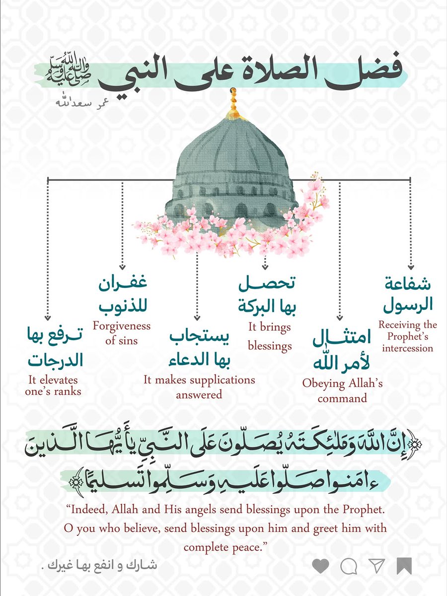 ولِلجُمعَـةِ الغَـرَّاءِ خَمسُ فَضَـائِلٍ
يَفوزُ بهَـا مَن كَان بـَرَّاً ومُسلِمَـا

قِـراءةُ كَـهفٍ واغتِسَالٌ وخُطبـةٌ
وسَـاعَةُربٍّ يَستَجِيبُ منَ السَّـمَا

وتَكمُلُ فَضلاً بالصَّلاة على النَّبِـي
فَطُوبى لِمَـن صلّى عَليهِ وسَلَّـمَـا
#الصلاه_علي_النبي