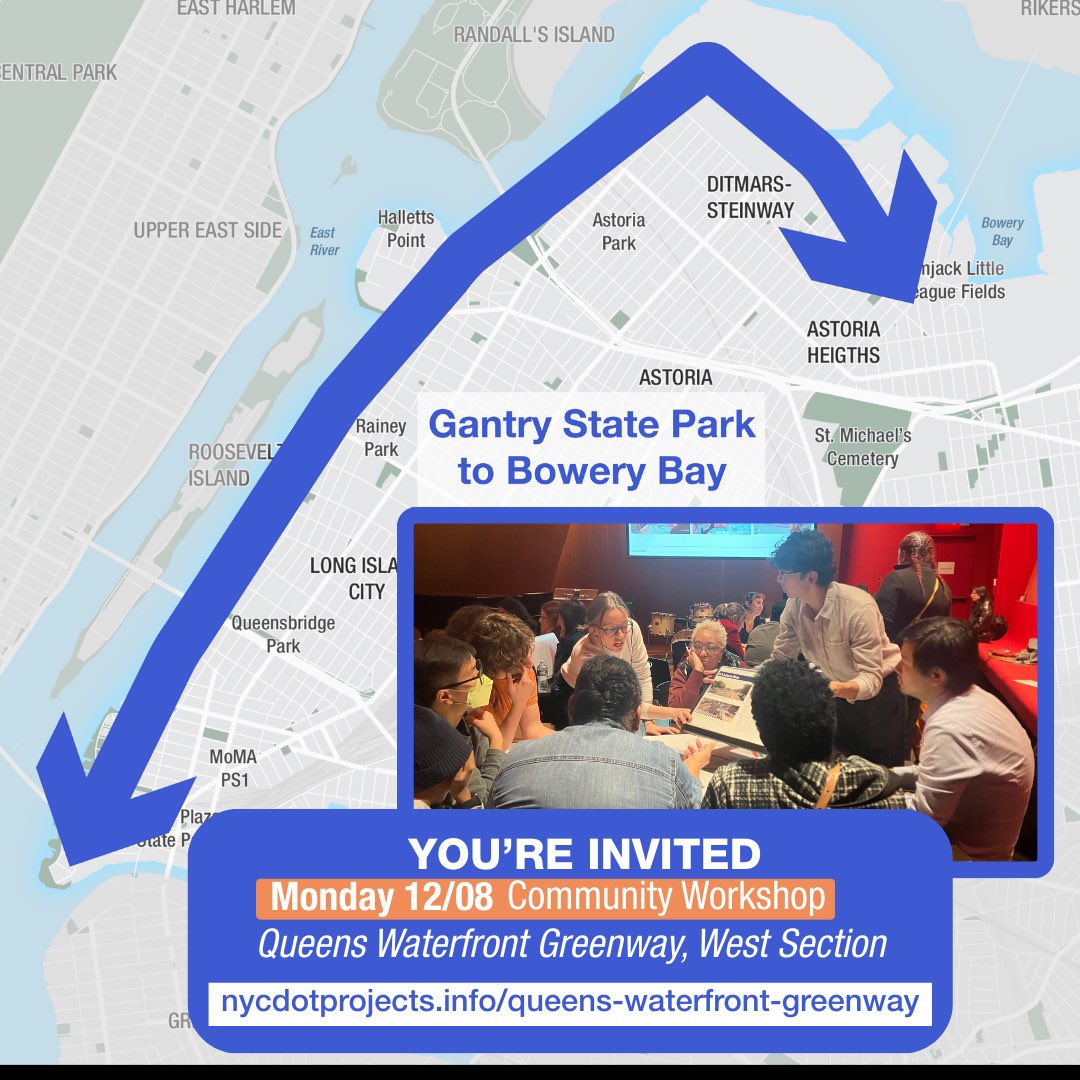 NYC_DOT's tweet image. Join our community workshop to discuss potential Queens Waterfront Greenway routes from Gantry State Park to Bowery Bay.

WHEN: Mon 12/08, 6-8pm
WHERE: Jacob A. Riis Neighborhood Settlement (10-25 41st Ave, Astoria)

Registration required: bit.ly/44KUmc9