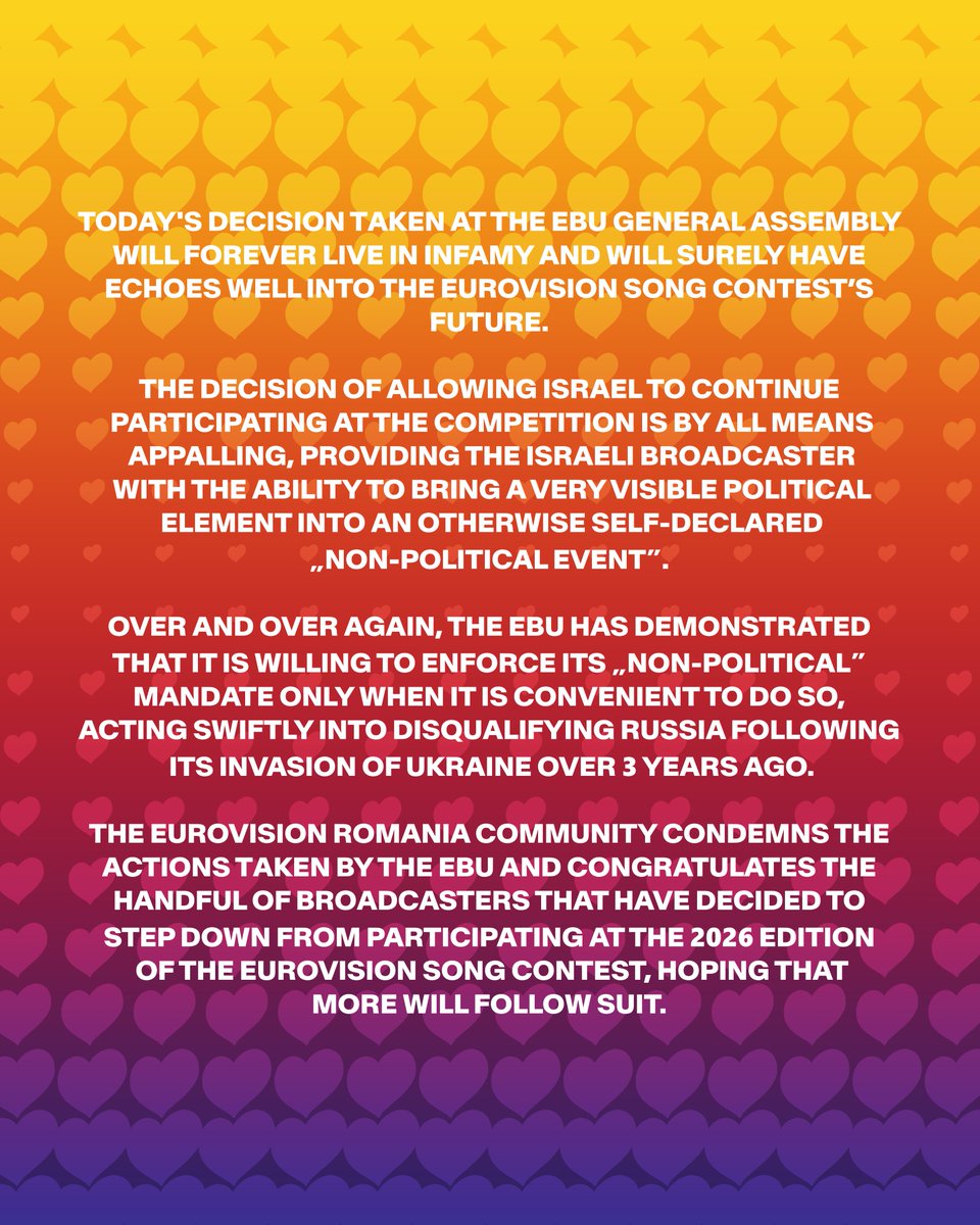 ERCommunity_'s tweet image. The Eurovision Romania Community's statement over Israel's participation at the Eurovision Song Contest 🇷🇴

#eurovision #eurovision2026 #esc2026 #romania #eurovisionromania #eurovisionromaniacommunity