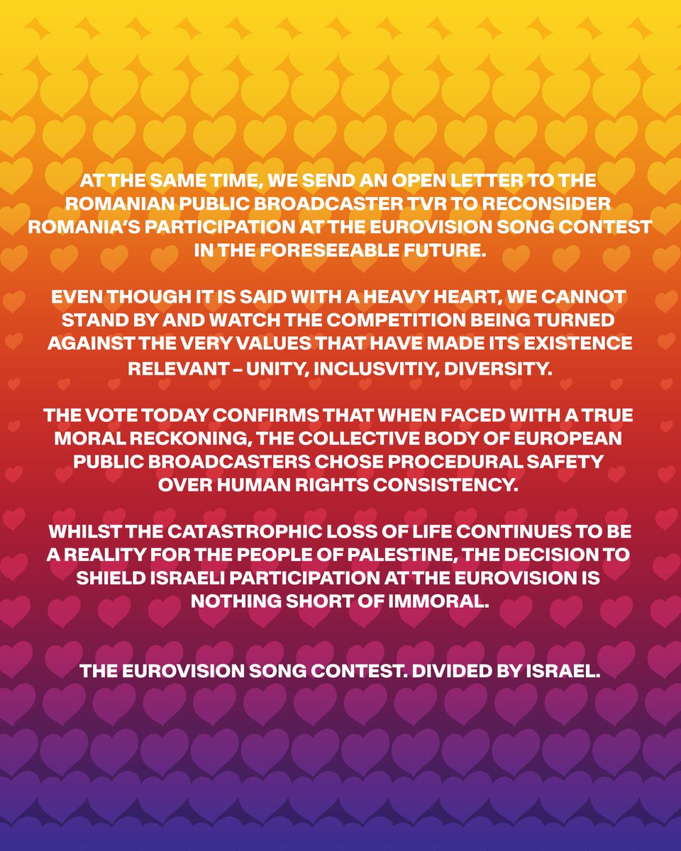 ERCommunity_'s tweet image. The Eurovision Romania Community's statement over Israel's participation at the Eurovision Song Contest 🇷🇴

#eurovision #eurovision2026 #esc2026 #romania #eurovisionromania #eurovisionromaniacommunity