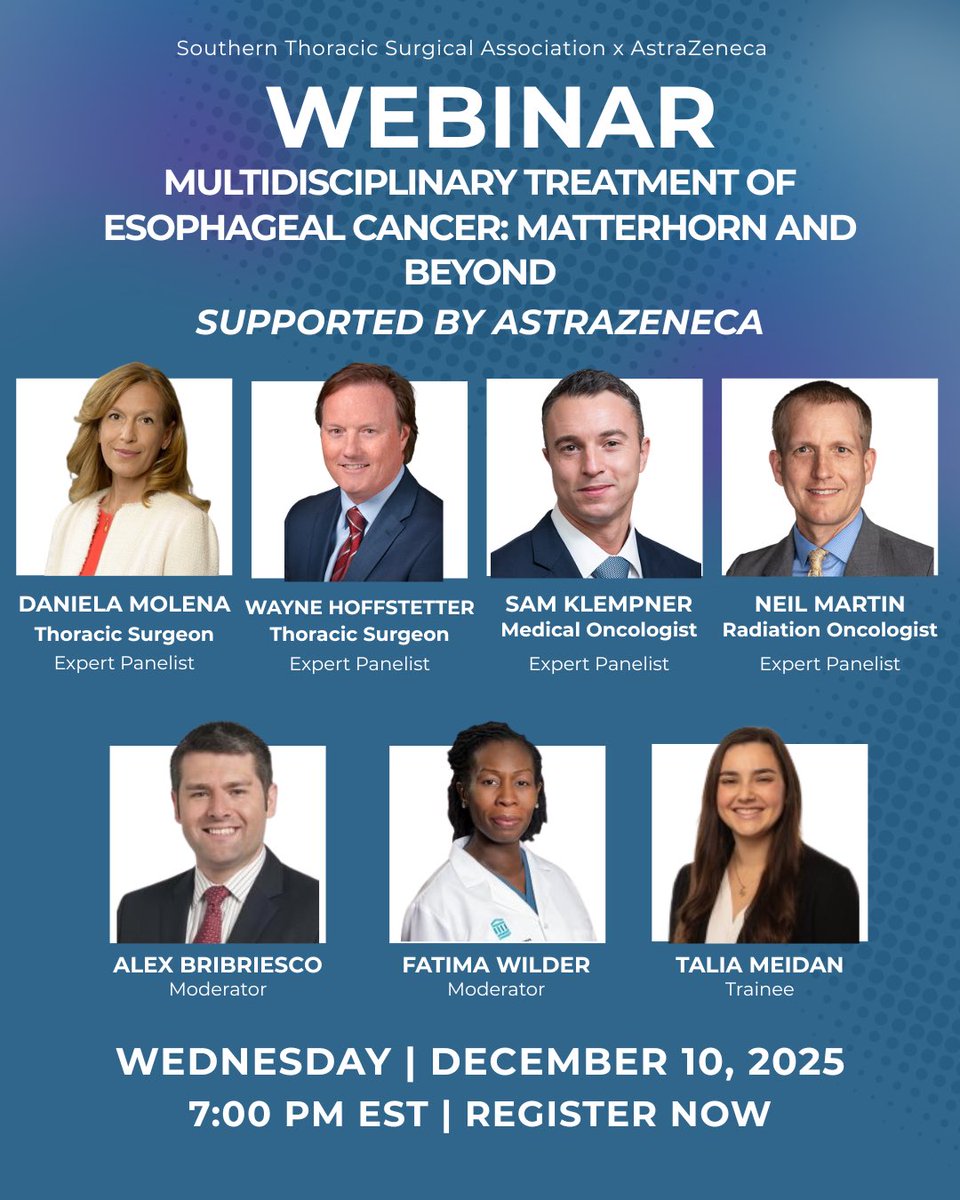 abribriesco43's tweet photo. Excited to co-moderate the next @stsa1954 /#STSA webinar w/ @FWilder9  discussing #MATTERHORN &amp; multi-D tx of #EsophagealCancer 

Register  to attend!
https://t.co/Px6TADJ6Xv

@tssmn @WomenInThoracic @annalsthorsurg @TSRA_official @ThoracicStudent @LatinoCTS @ABCTS_1999 https://t.co/LMy0xvvHkz