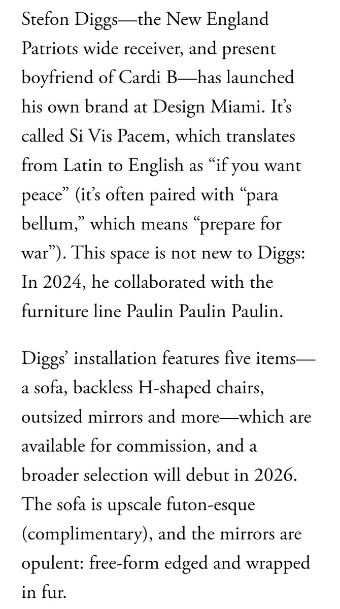 JeniB4you's tweet photo. @voguemagazine did an article about Stefon Digg's new furniture line Si Vis Pacem that was showcased at Design Miami. I love a smart business man๐๐พ๐๐พ๐๐พ
#stefondiggs #designmiami #sivispacem https://t.co/imuIYd2Hes