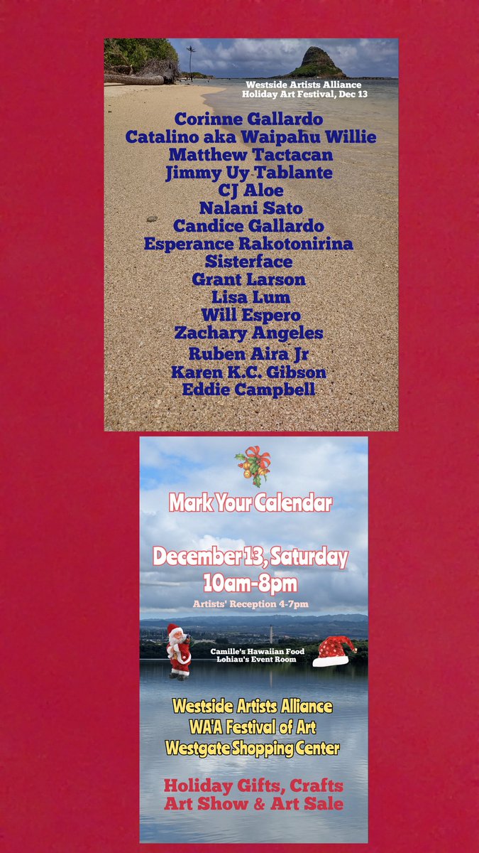 Espero808's tweet photo. Save the date -  December 13:  Saturday: 10 am-8pm
Holiday gifts, Crafts, Original Art 

One day pop-up in Waipahu 
Westside Artists Alliance at the Westgate Shopping Center in Lohiau's Banquet Room 

Free raffle of art, Christmas Karaoke, Refreshments and more https://t.co/ZWCSwxzcLl