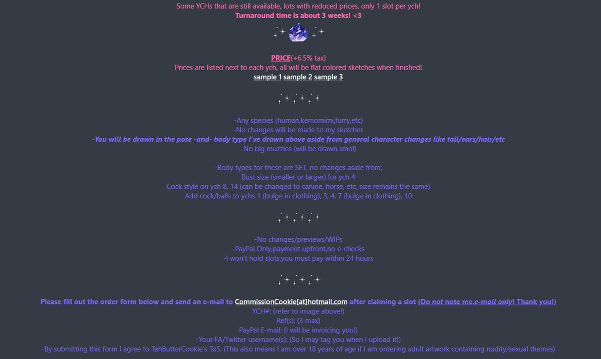 Some YCHs that are still available, lots with reduced prices, only 1 slot per ych! 💖 comment/dm/email to claim!