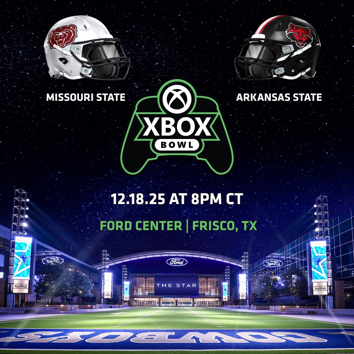 🚨 BREAKING 🚨
The FIRST-EVER Xbox Bowl is here. 🎮🏈

Missouri St. vs. Arkansas St.
 📍Ford Center at The Star
 📺Dec. 18 • 9 PM ET on ESPN2

Xbox is bringing a new level of energy, play, and fan experience to bowl season.
 
A new era starts now.

🎟️ Tickets on sale Dec. 5