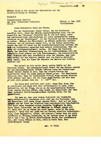 On 4 December 1930, Wolfgang Pauli wrote his famous letter to the ‘Dear radioactive ladies and gentlemen’ postulating a neutral particle to solve the puzzle of missing energy during beta decay. timeline.web.cern.ch/december-1930-…