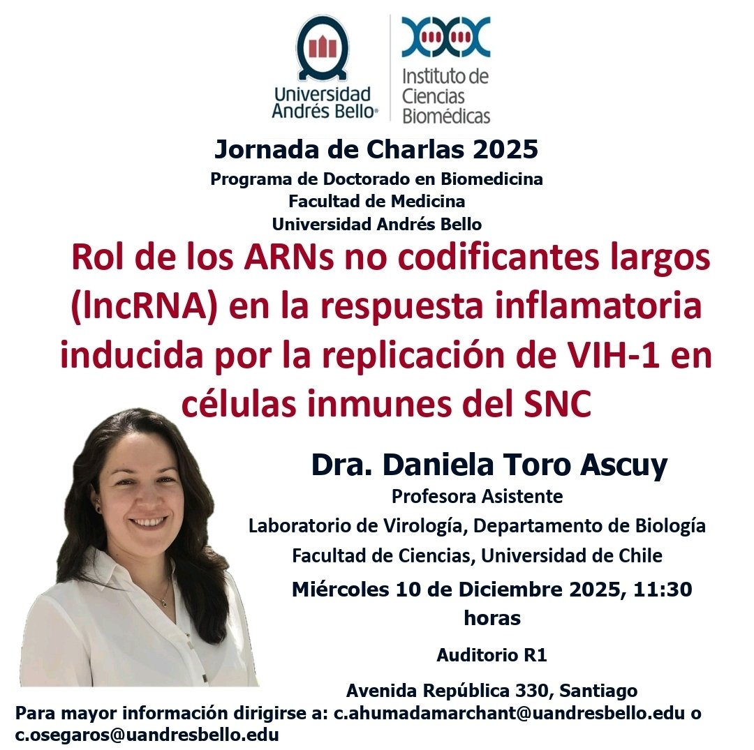 Este 10 de diciembre la Dra. Daniela Toro <a href="/D_ToroAscuy/">Daniela Toro Ascuy</a> nos visitará en nuestro ciclo dr charlas organiz
ado por estudiantes de nuestro doctorado. #SomosUNAB