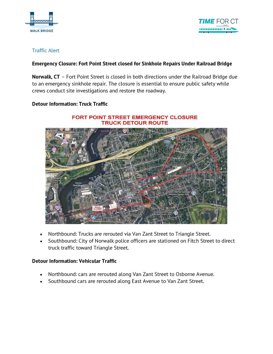 WalkBridgeCT's tweet image. *ATTENTION* TRAFFIC ALERT - Fort Point Street, under the railroad bridge, is TEMPORARILY CLOSED DUE TO EMERGENCY WORK. Trucks detoured to Triangle Street; cars detoured to Van Zant Street.