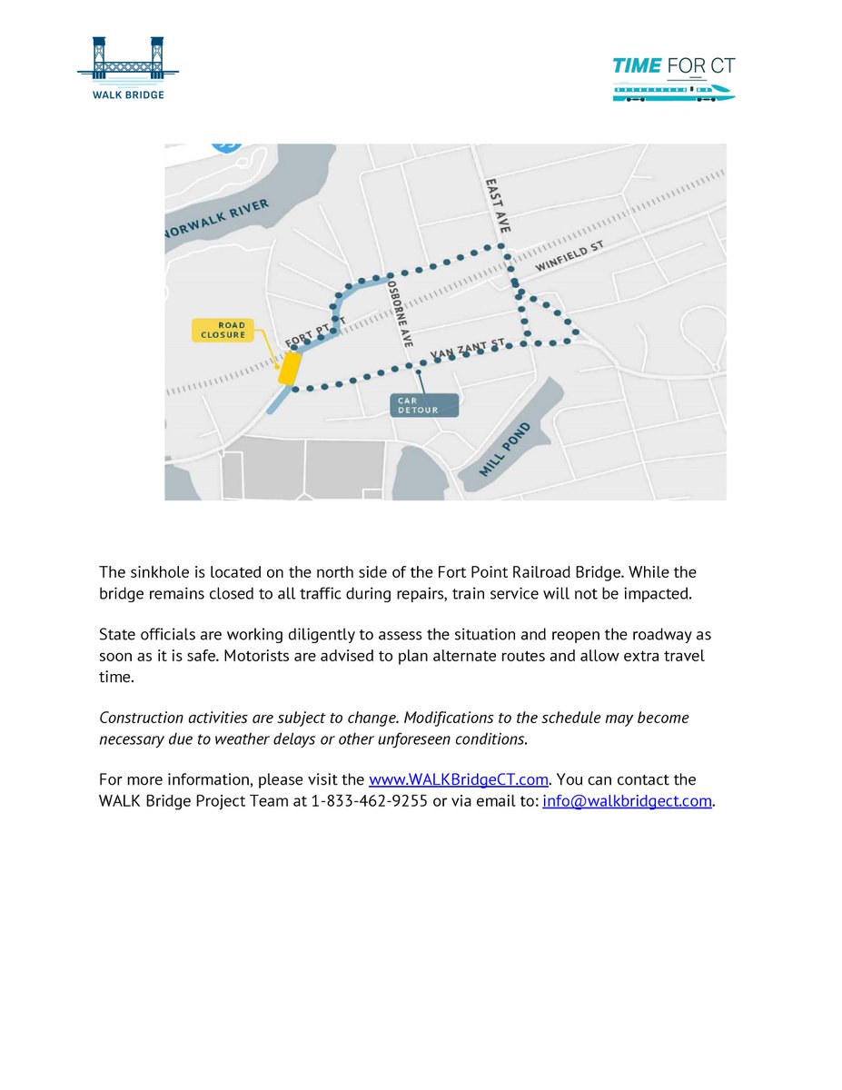 WalkBridgeCT's tweet image. *ATTENTION* TRAFFIC ALERT - Fort Point Street, under the railroad bridge, is TEMPORARILY CLOSED DUE TO EMERGENCY WORK. Trucks detoured to Triangle Street; cars detoured to Van Zant Street.