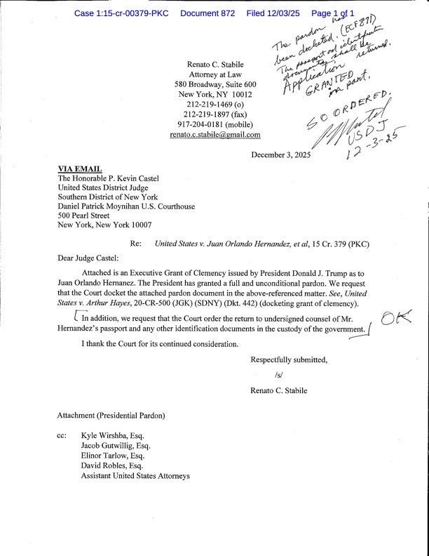 The presidential pardon for Juan Orlando Hernandez, former Honduran president convicted of cocaine trafficking, as filed on his court docket in the Southern District of New York