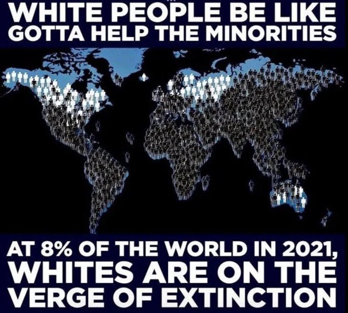 Gitmo99's tweet image. White people are on the verge of extinction

Global population of white people:

100 years ago roughly 35%
50 years ago roughly 20%
25 years ago 15%
Today just 8% 🇺🇸🇺🇸🇺🇸 #HIAW